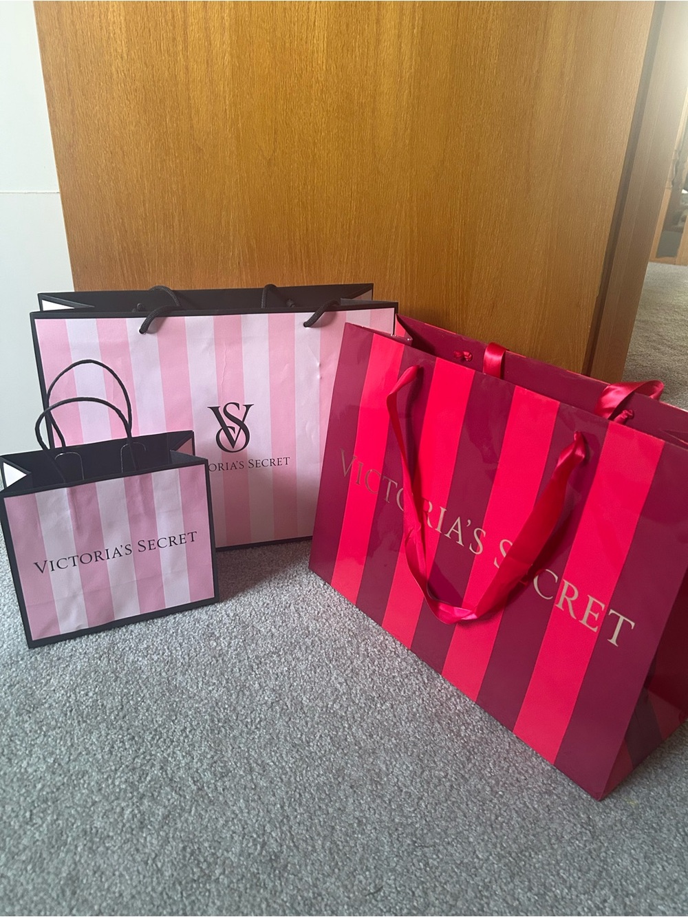 Victoria's Secret Pink, Light Pink & Red Striped Paper Bag Set - Picture 2 of 4